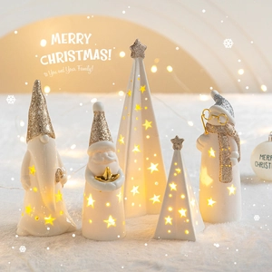 LED ceramic Christmas ornaments with Santa, snowman and tree figurines in warm white