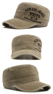 Detail view of washed cotton cadet cap with vintage embroidery and distressed finish