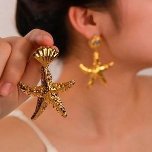 Starfish Shell Earrings Stainless Steel 18K Gold Plated Ocean Theme Abalone Inlay Dangle Stud Jewelry For Women