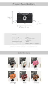 Size chart showing PU leather shoulder bag specs with dimensions 22x13.5x6cm and chain strap