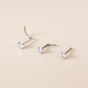 Titanium nose stud set with cubic zirconia in L-shape, screw, and bone styles
