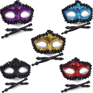 Elegant Venetian half-face masquerade masks with sequins, butterflies and handheld sticks
