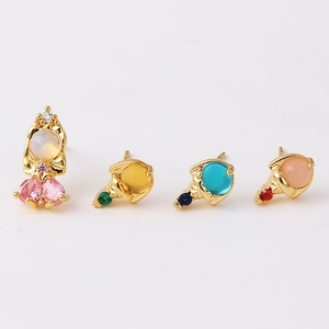 Set of four gold geometric earrings with colorful micro-pave cubic zirconia stones