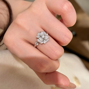 Camellia Flower Open Ring Copper Cubic Zirconia Paved Adjustable Elegant Luxury Fashion Jewelry For Women Gift