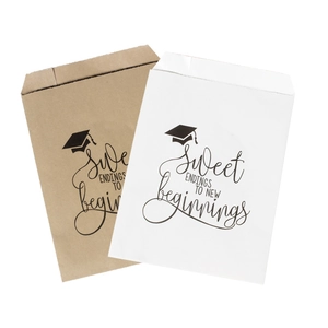 White and brown graduation party paper bags with academic cap and sweet ending slogans