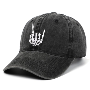 Unisex washed cotton baseball cap with white bone gesture embroidery in dark grey