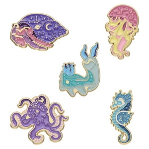 5pcs set of celestial sea animal enamel pins with golden star constellations patterns