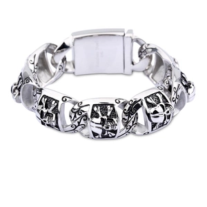 Men's punk skull bracelet made of silver 316L stainless steel with gothic carvings
