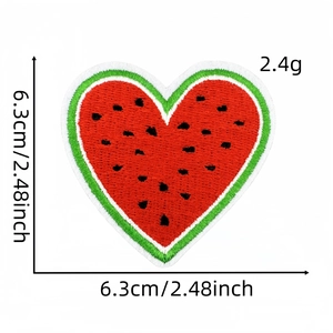 Close-up of heart-shaped watermelon embroidery patch with size details 6.3cm x 6.3cm