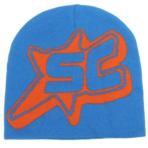 Close-up of bright blue beanie featuring jacquard knitted orange star and SG lettering