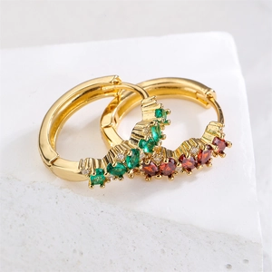 18K gold plated huggie earrings with green and reddish-brown zircon stones