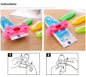 Cartoon animal tube squeezer showing step-by-step usage guide for facial cleanser