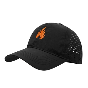 Quick-dry black baseball cap with orange flame embroidery and laser-cut side vents