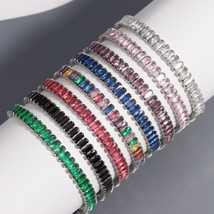 Close-up of baguette-cut colorful zircon tennis bracelets in multiple vibrant shades