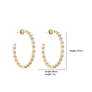 Gold plated C-shape hoop earrings with baguette-cut cubic zirconia stones, 48mm size