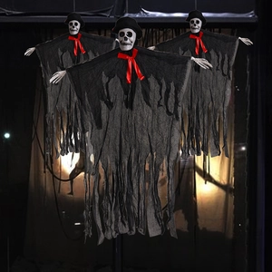 Hanging Skeleton Ghost Halloween Plastic Fabric Wire Tattered Robe Haunted House Party Prop Horror Door Decoration