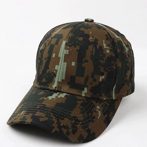 Detail of digital camouflage tactical baseball cap showing durable twill texture