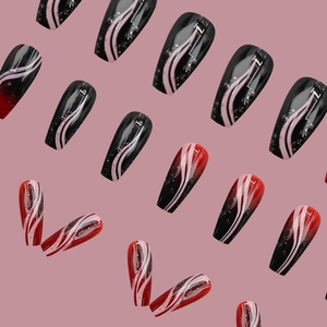 Glossy black and deep red long coffin press-on nails with pink sand ripple glitter patterns
