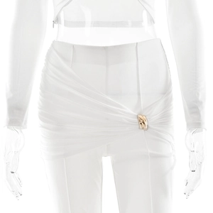 White two-piece set featuring long sleeve crop top and high waist pants with gold ring detail