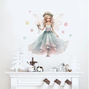Detailed wall sticker featuring a Christmas fairy with stars on a white fireplace wall
