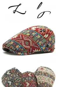 Close-up of jacquard ethnic pattern fabric and adjustable metal buckle on beret hat