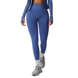 High-waisted seamless sky blue yoga leggings with matching long sleeve athletic top set