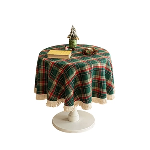 Classic red and green plaid round tablecloth with tassel fringe for Christmas decor