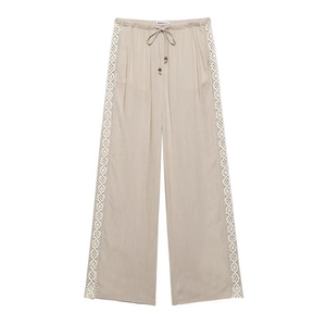 Pantalón beige de pierna ancha en algodón con cordón y bordado de encaje lateral