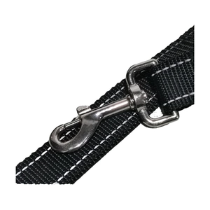 Close-up of durable black nylon pet leash with reflective stitching and metal hook