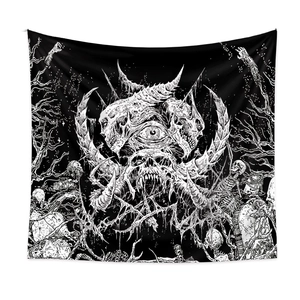 Bohemian gothic skull tapestry with giant eye and skeleton art on white background