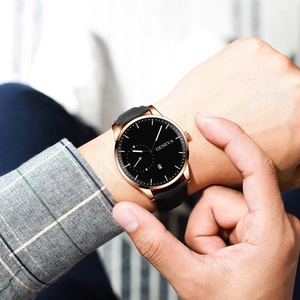 Geneva men's business casual quartz watch with black leather strap and date window