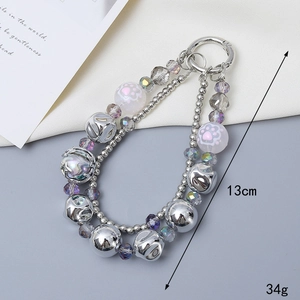 Handmade pearl and crystal beaded phone lanyard with silver chain, 13cm length