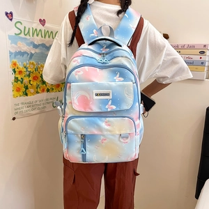 Pink and blue gradient student backpack with butterfly print and large capacity