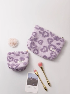 Soft purple plush makeup bags with heart patterns, set of two sizes for cosmetics
