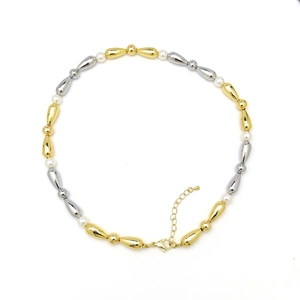 Detail of mixed gold and silver bamboo beads with pearls and adjustable clasp