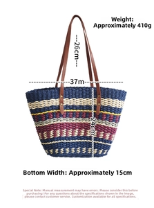 Detail of colorful striped straw tote bag showing dimensions and premium leather handles