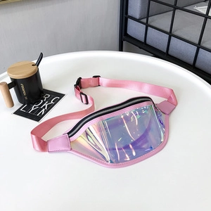 Detail of pink laser TPU waist bag with adjustable strap and waterproof zipper on white table