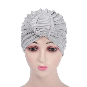 Handmade light gray knitted turban hat for women featuring a stylish twisted knot design