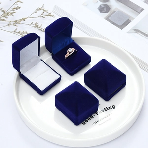 Navy blue velvet ring box set for single and double rings on a premium display tray