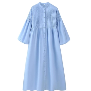 Light blue ramie loose midi dress with puffed sleeves and pleated front detail