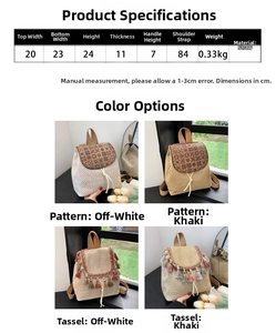Detailed size specifications and color comparison of straw woven bucket backpack