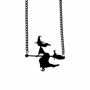 Gothic black witch and cat silhouette pendant necklace on minimalist black chain