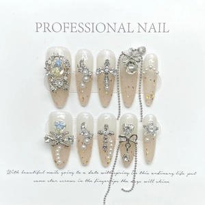 Handmade Press On Nails Nude Pink Gradient Almond Shape Rhinestone Metal Chain Cross Bowknot Artificial Pearl Charms Fairy Aesthetic Style