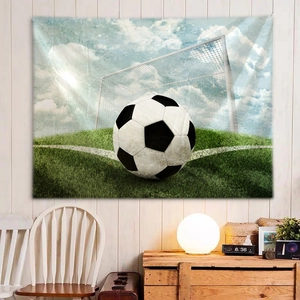 Soccer ball on green field tapestry for dorm wall decoration with goal and sunlight