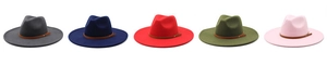 Row of colorful wide brim wool fedora hats with stylish leather decorative bands