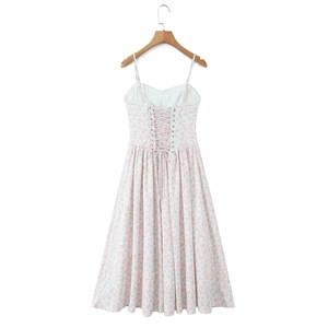 Abito midi floreale stile francese con bordo in pizzo e lacci incrociati sul retro