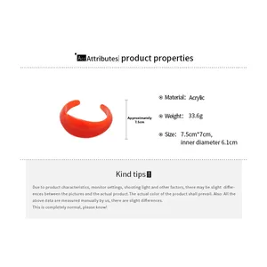 Detailed size specifications for a bold orange transparent acrylic open cuff bracelet