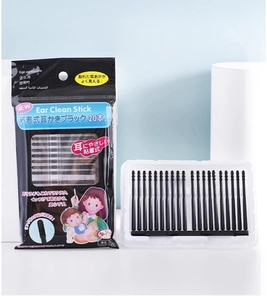 Close-up of black adhesive ear clean sticks in a 20-piece family pack packaging