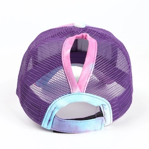 Detailed back view of a purple mesh ponytail baseball cap with vibrant tie-dye adjustable strap
