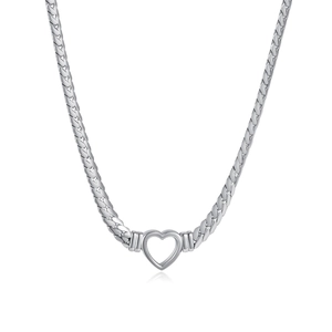 Polished silver heart pendant necklace with chunky flat chain on white background